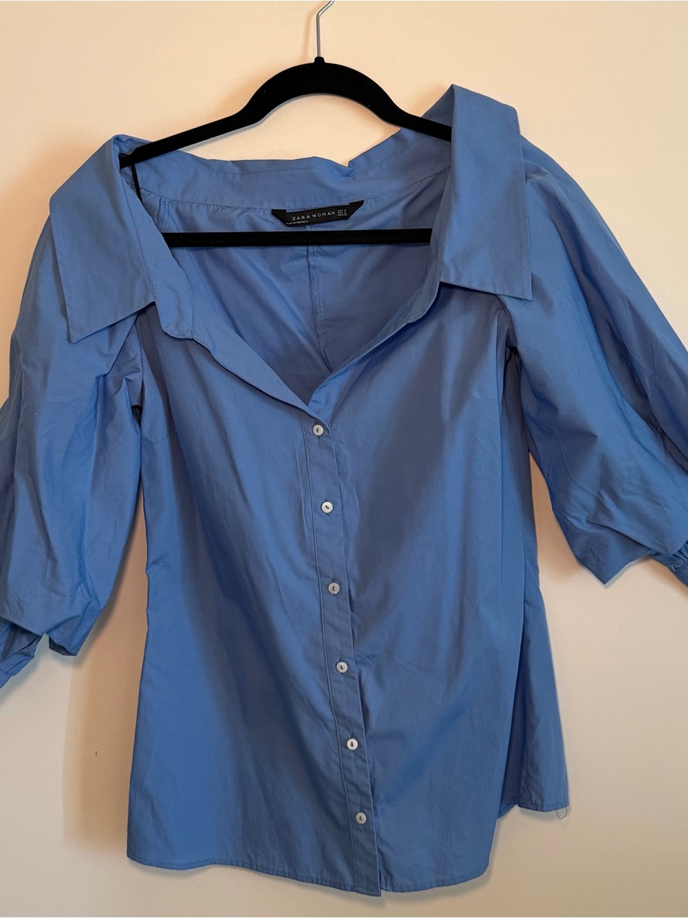 Zara Light Blue Puff-Sleeve Button Down Shirt